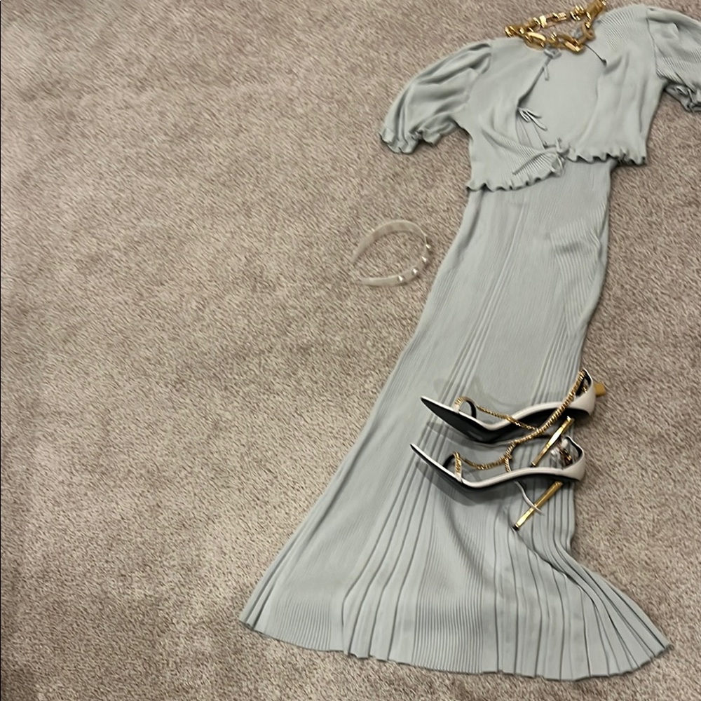 Elegant Gray Maxi Set Dress & Cropped Cardigan